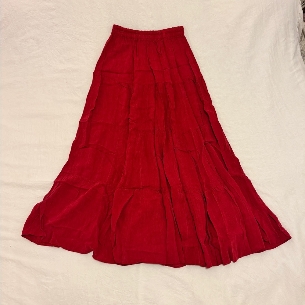 Vintage Red Silky Maxi Skirt, S/M